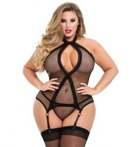 Lovehoney Plus Size Provocatease Black Fishnet and Lace Bustier Set